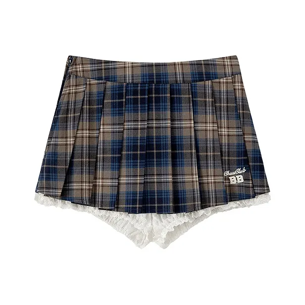 CHUU Casual Short Skirts Women's Blue Plaid-0