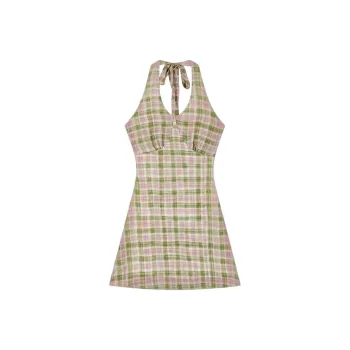 DOSOHEB Slip Dresses Women's Green Plaid Skirt