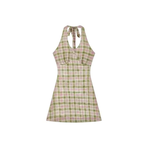 DOSOHEB Slip Dresses Women's Green Plaid Skirt