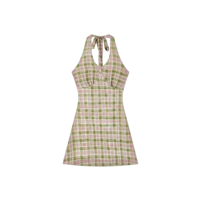 DOSOHEB Slip Dresses Women's Green Plaid Skirt-0