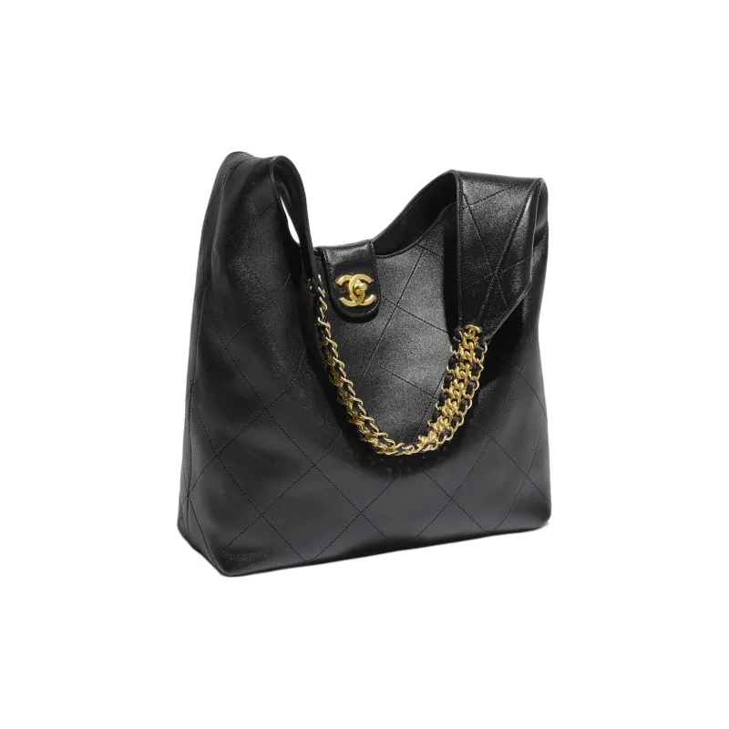 CHANEL Lambskin HOBO Bag, Underarm, Hippie Style Handbag, Shoulder Bag Medium Size Women's Black-1
