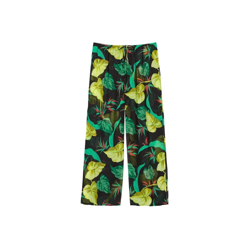 Victoria's Secret Sheer Crinkle Wide-Leg Pants / Vintage Leaves Swimming Shorts Women's Leaf Print-0
