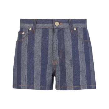 FENDI Logo Embroidered Striped Denim Shorts