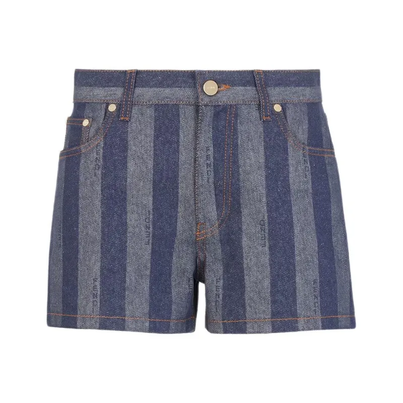 FENDI Logo Embroidered Striped Denim Shorts-0