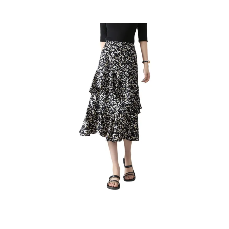 Mo Han Yi Mei SS24 Casual Long Skirts Women's Black Floral-0