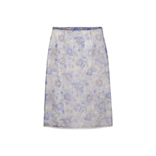 PRADA High Waist Floral Printed Sheer Pencil Skirt