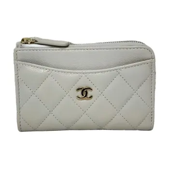 CHANEL Calfskin Coin Purse, Card Holder Women's Gray White