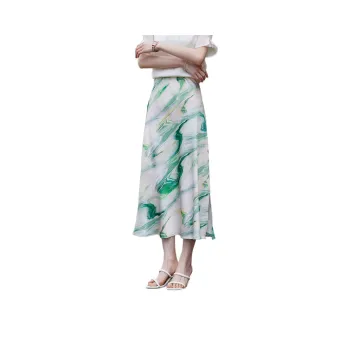 Hang Yi Court SS24 Casual Long Skirt Women's Beige With Green Print