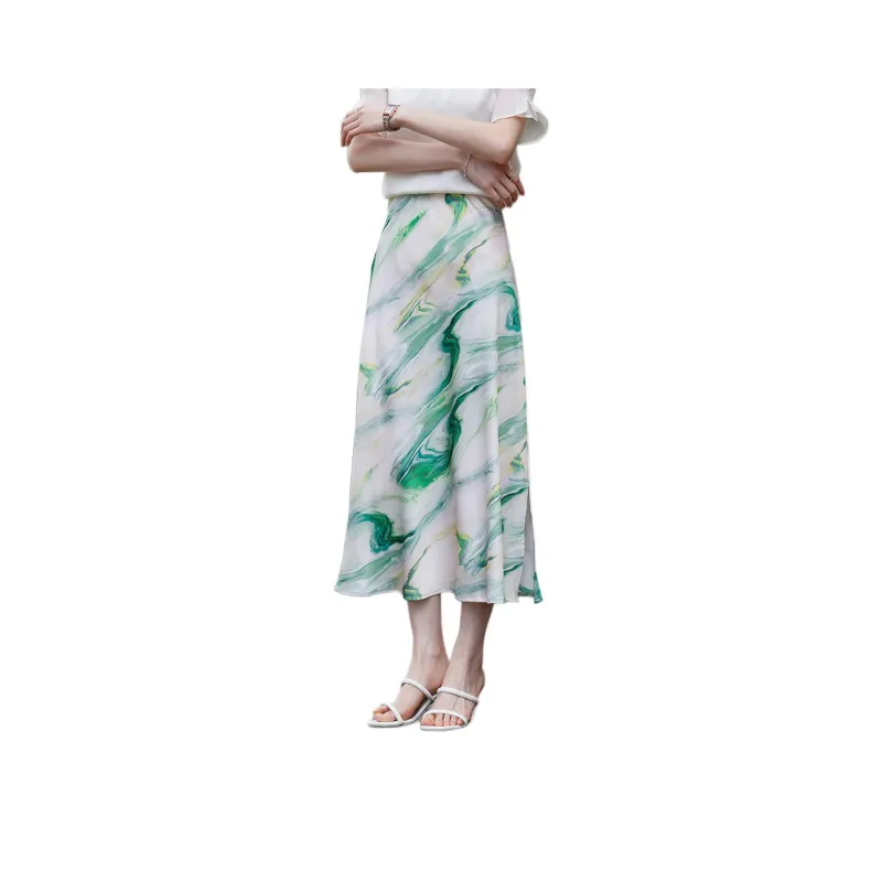 Hang Yi Court SS24 Casual Long Skirt Women's Beige With Green Print-0