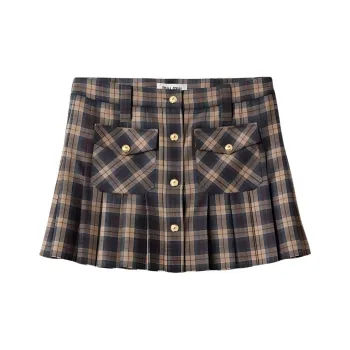 MIU MIU Logo-Embroidered Pleated Tartan Mini Skirt
