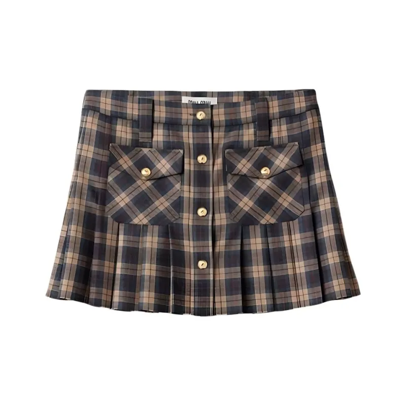 MIU MIU Logo-Embroidered Pleated Tartan Mini Skirt-0