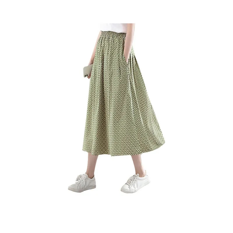 Cypress House Casual Long Skirt Women's Green Base With Beige Plaid-0