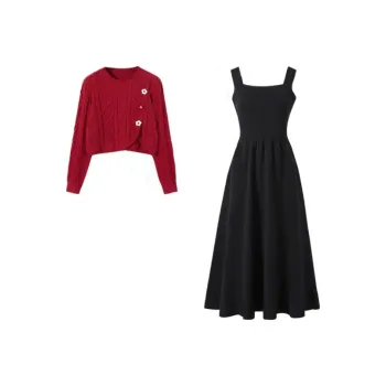 TIBINB Two Piece Skirt Sets Women's Red Knitwear Sweater With Black Dress