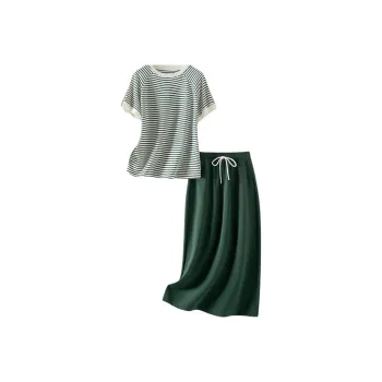 IHIMI Two Piece Skirt Sets Women's Clothing Sets Stripes+Deep Sea Green