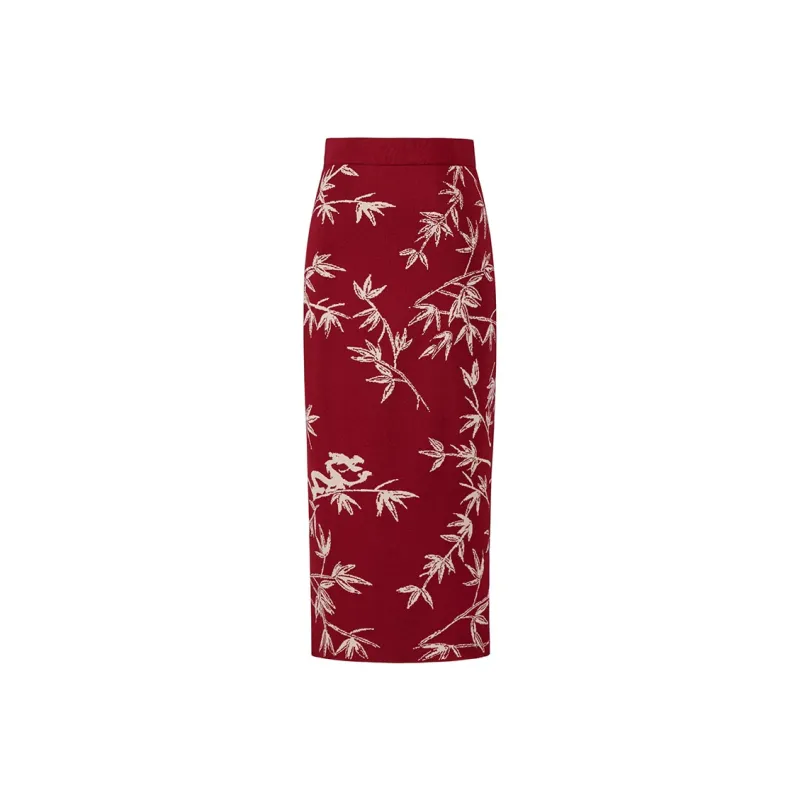 Cypress House Casual Long Skirt Women's Red Base With Ginkgo Leaf Print-0