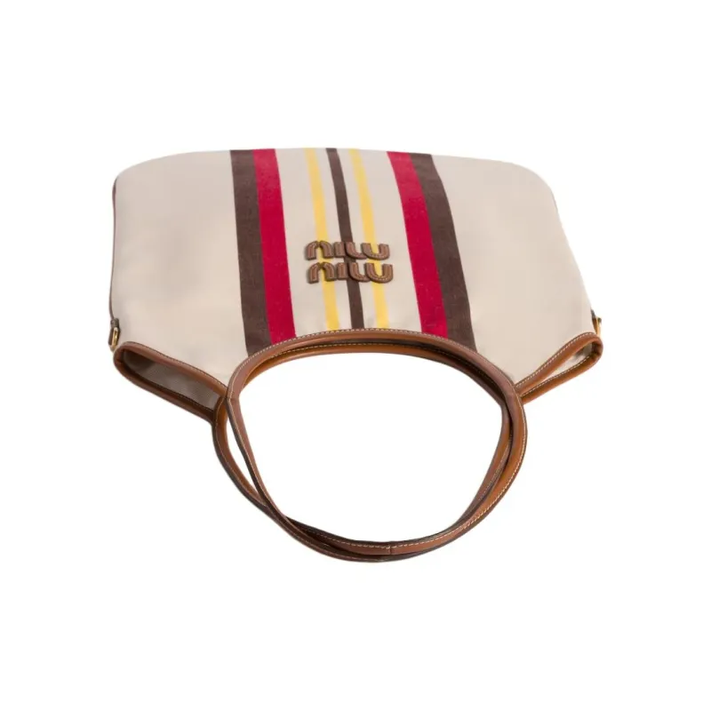 MIU MIU Ivy Leather Paneled Canvas Tote Bag, Shopping Bag, Portable Canvas Bag, Shoulder Bag Women's Natural-3