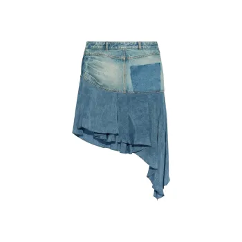 BALMAIN Logo Patch Asymmetric Denim Ruffled Short Skirt