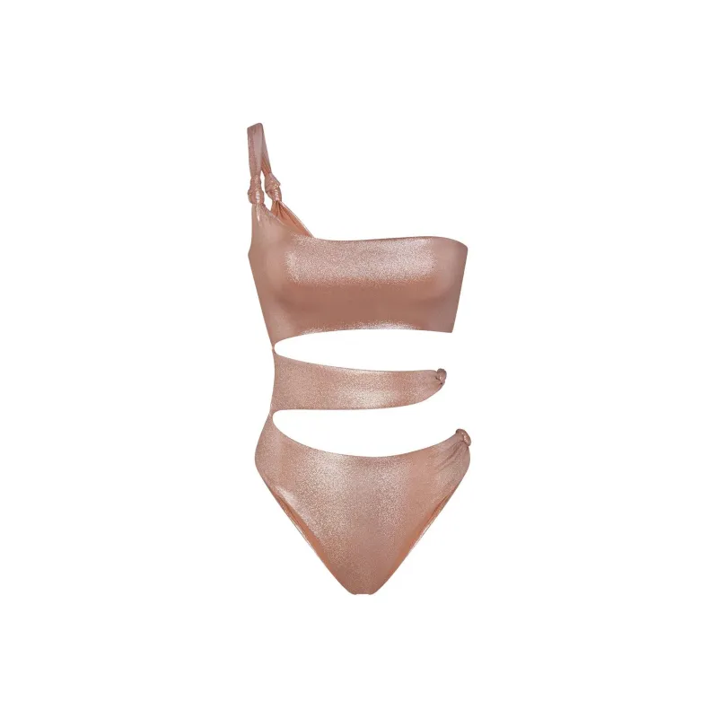 SKIMS LIQUID SHINE SWIM KNOTTED ONE SHOULDER MONOKINI One-piece Swimsuit Women's Cinnamon-0