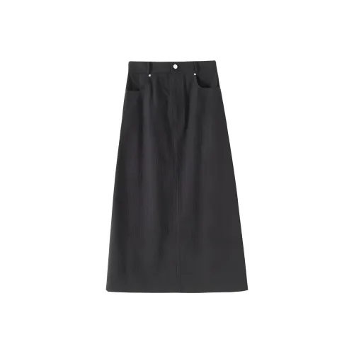 Hacikis Casual Long Skirts Women's Khaki Black Satin