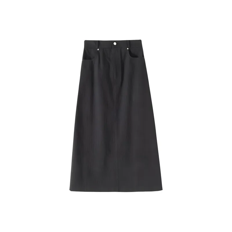 Hacikis Casual Long Skirts Women's Khaki Black Satin-0
