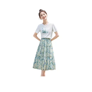 Cypress House Skirt Set Women's White With Blue Background Floral Pattern