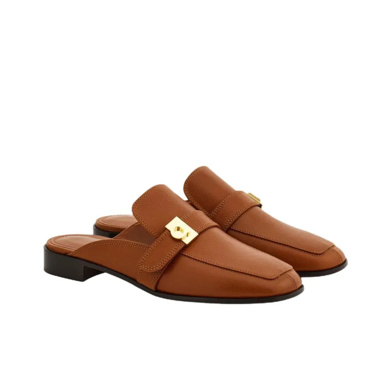 FERRAGAMO Hug Rubber Sole Quiet Closed Toe Slippers Women's Brown-2