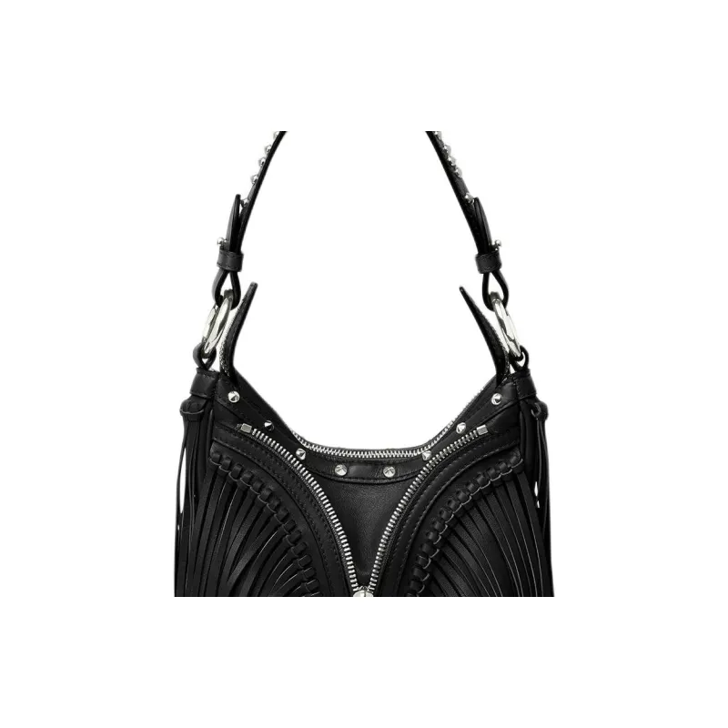 FANSIZHE Cow Leather Hobo Biker Shoulder Bag Handbag Women's Black-4