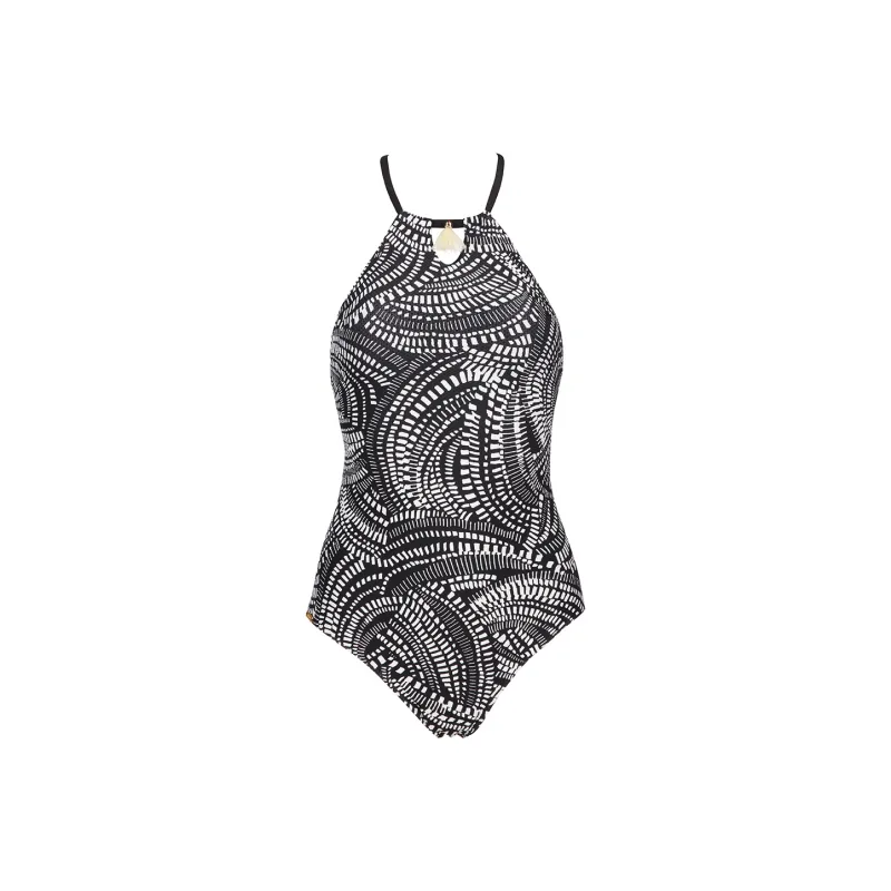 Selmark Women's Geometric Pattern Open Back Triangle One-Piece Swimsuit Beige-4