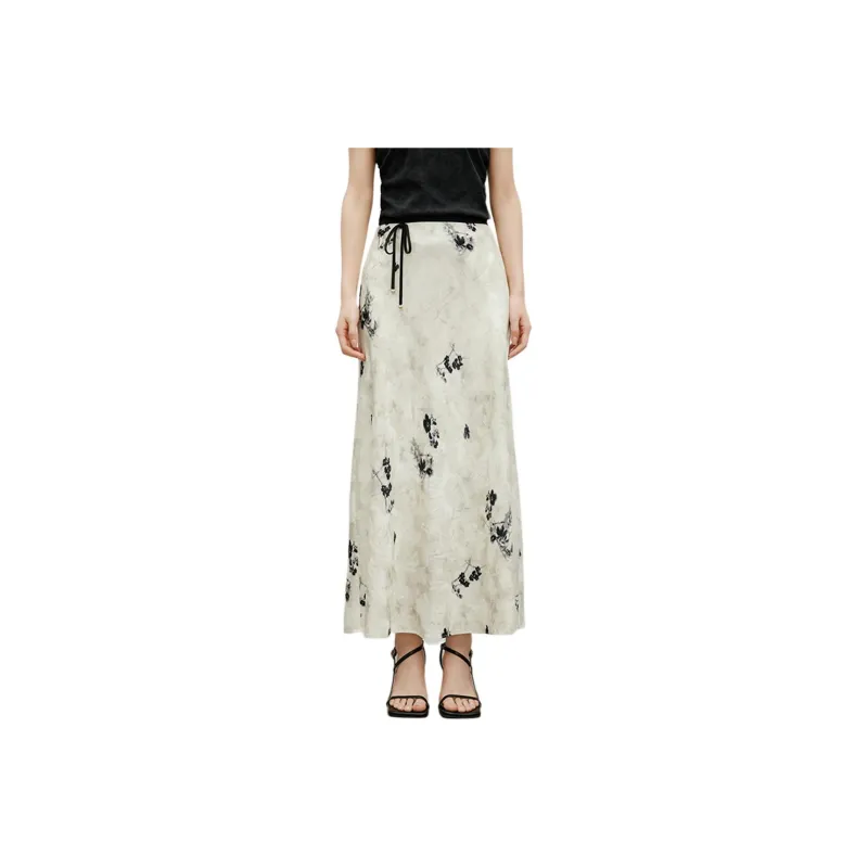 Hopeshow Casual Long Skirt Women's Beige With Black Floral-0