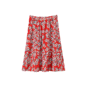 H-YXIANG Casual Long Skirts Women's Red Background With Flowers