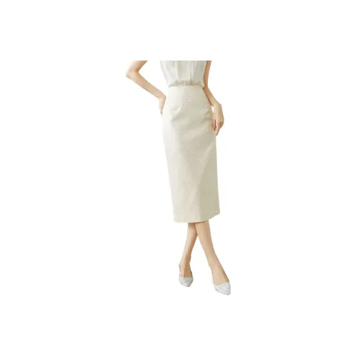 Late White Casual Long Skirts Women's Beige Apricot