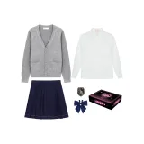 (Gift Box Set) Light Gray Sweater+Embroidery Badge+Long-Sleeved White Shirt+Dark Blue Pleated Skirt+Dark Blue Feather Bow Ties