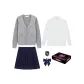 (Gift Box Set) Light Gray Sweater+Embroidery Badge+Long-Sleeved White Shirt+Dark Blue Pleated Skirt+Dark Blue Feather Bow Tie