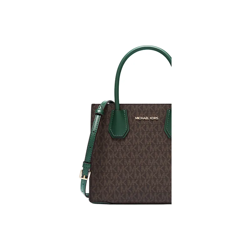 MICHAEL KORS Mercer Cow Leather Trunk Bag, Handbag, Shoulder Bag, Crossbody Bag Medium Size Women's Dark Brown & Green-1