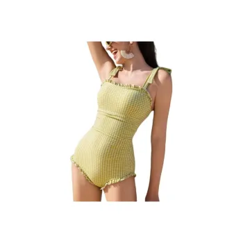 ZOKE One-piece Swimsuit Women's Pink Green White Plaid Floral