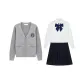 Light Gray Sweater+Embroidery Badge+Long-Sleeved White Shirt+Dark Blue Pleated Skirt+Dark Blue Feather Bow Tie