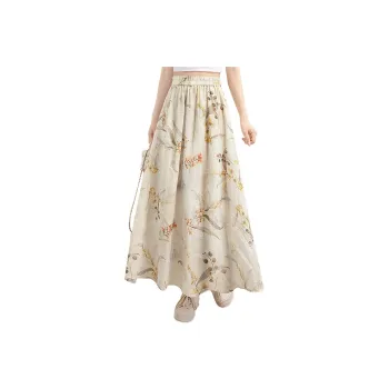 Cypress House Casual Long Skirt Women's Beige With Red Print