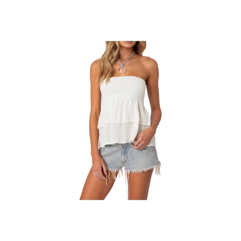Edikted Harleigh Ruffled Linen Look Tube Top Strapless Top Women's-0
