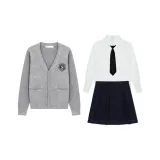 Light Gray Sweater+Embroidery Badge+Long-Sleeved White Shirt+Black Pleated Skirt+Black Tie