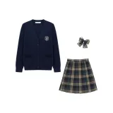 Dark Blue 100% cotton Sweater Cardigan+Small Teapot Plaid Skirt+Matching Solid Bow Ties