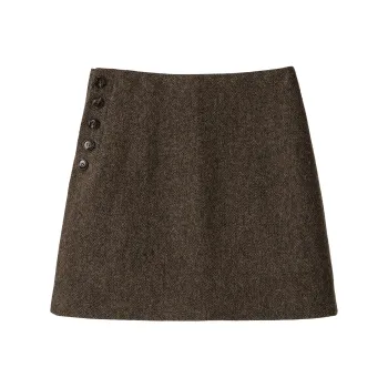 Fstudio Korean Style 100% Sheep Wool Half Length High Rise A Line Skirt Women's Coffee