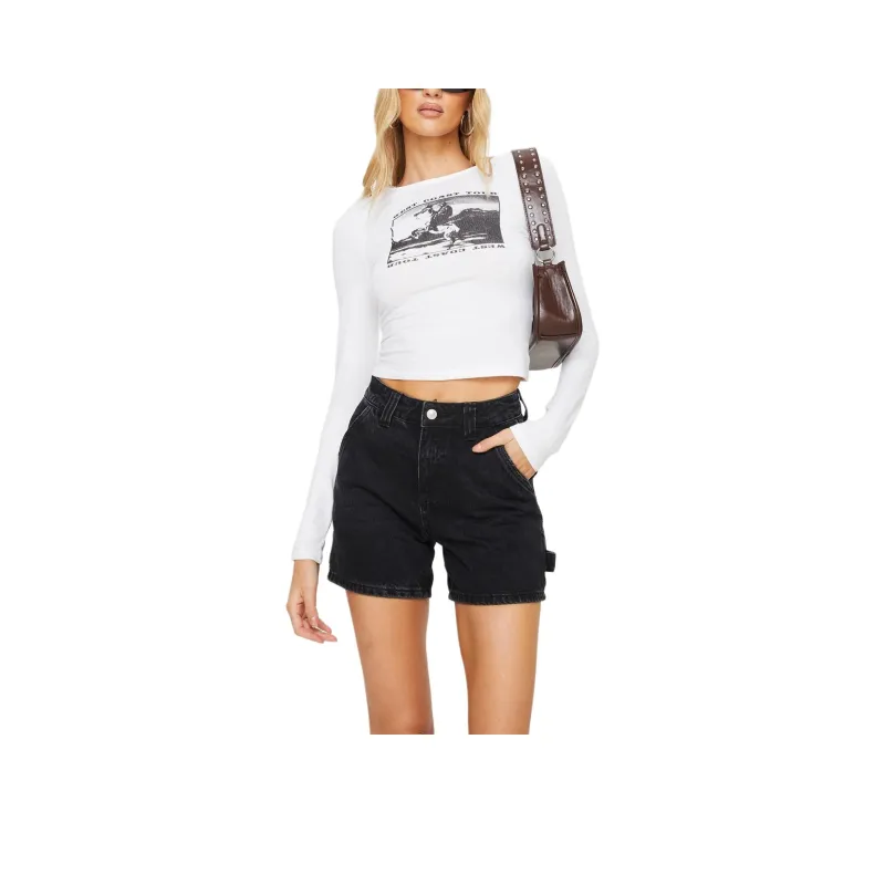 PRINCESS POLLY LOU CARPENTER DENIM SHORTS Denim Shorts Women's WASHED BLACK/Washed Black-0