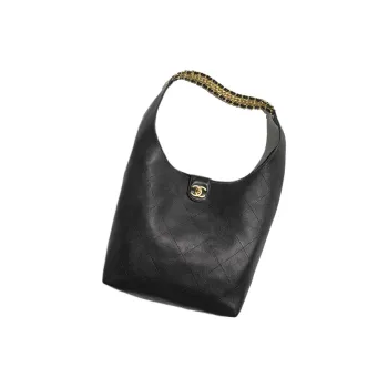 CHANEL Lambskin HOBO Bag, Underarm, Hippie Style Handbag, Shoulder Bag Medium Size Women's Black