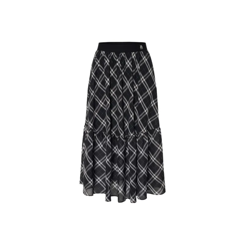 MOCO Casual Long Skirt Women's Black White Plaid-0