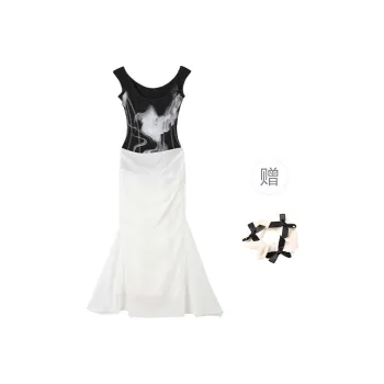 TURN UP Sleeveless Dress Women's Black White+Bowknot Hair Tie Comes With