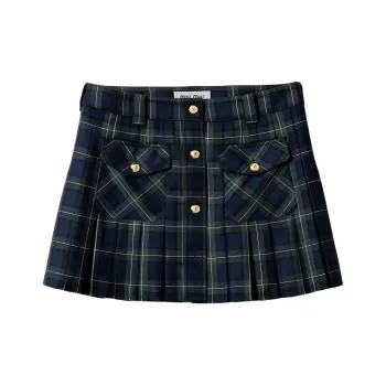 MIU MIU Logo Embroidered Pleated Tartan Mini Skirt