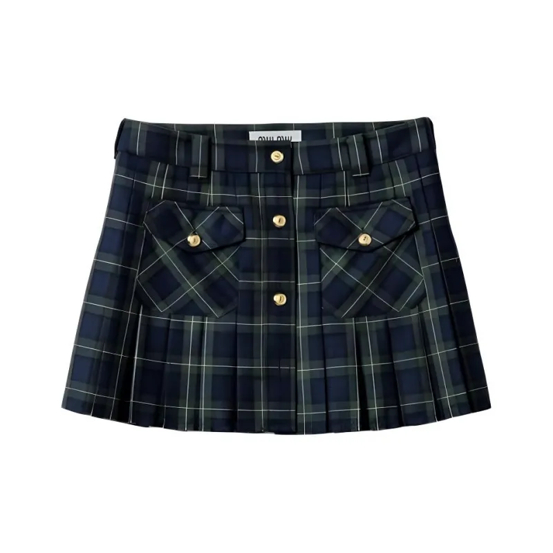 MIU MIU Logo Embroidered Pleated Tartan Mini Skirt-0
