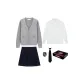 (Gift Box Set) Light Gray Sweater+Embroidery Badge+Long-Sleeved White Shirt+Black Pleated Skirt+Black Tie