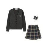 Dark Gray 100% cotton Sweater Cardigan+Small Teapot Plaid Skirt+Matching Solid Bow Ties