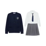 Navy Sweater+Embroidery Badge+Long-Sleeved White Shirt+Gray Pleated Skirt+Blue and White Stripes Tie